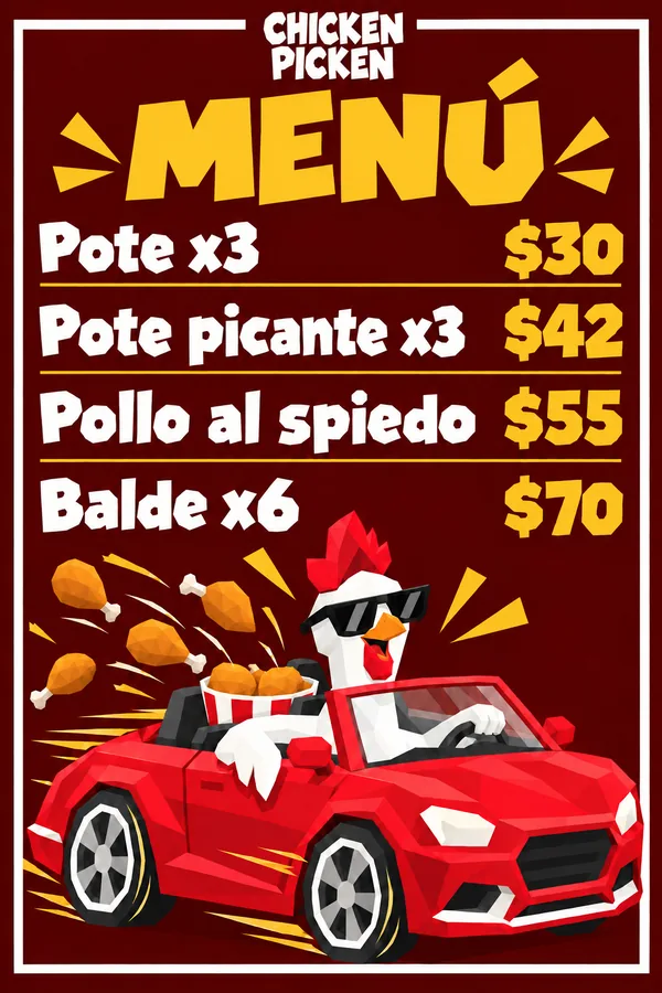 Cartel del menú: pote x3 $30, pote picante x3 $42, pollo al spiedo $55, balde x6 $70